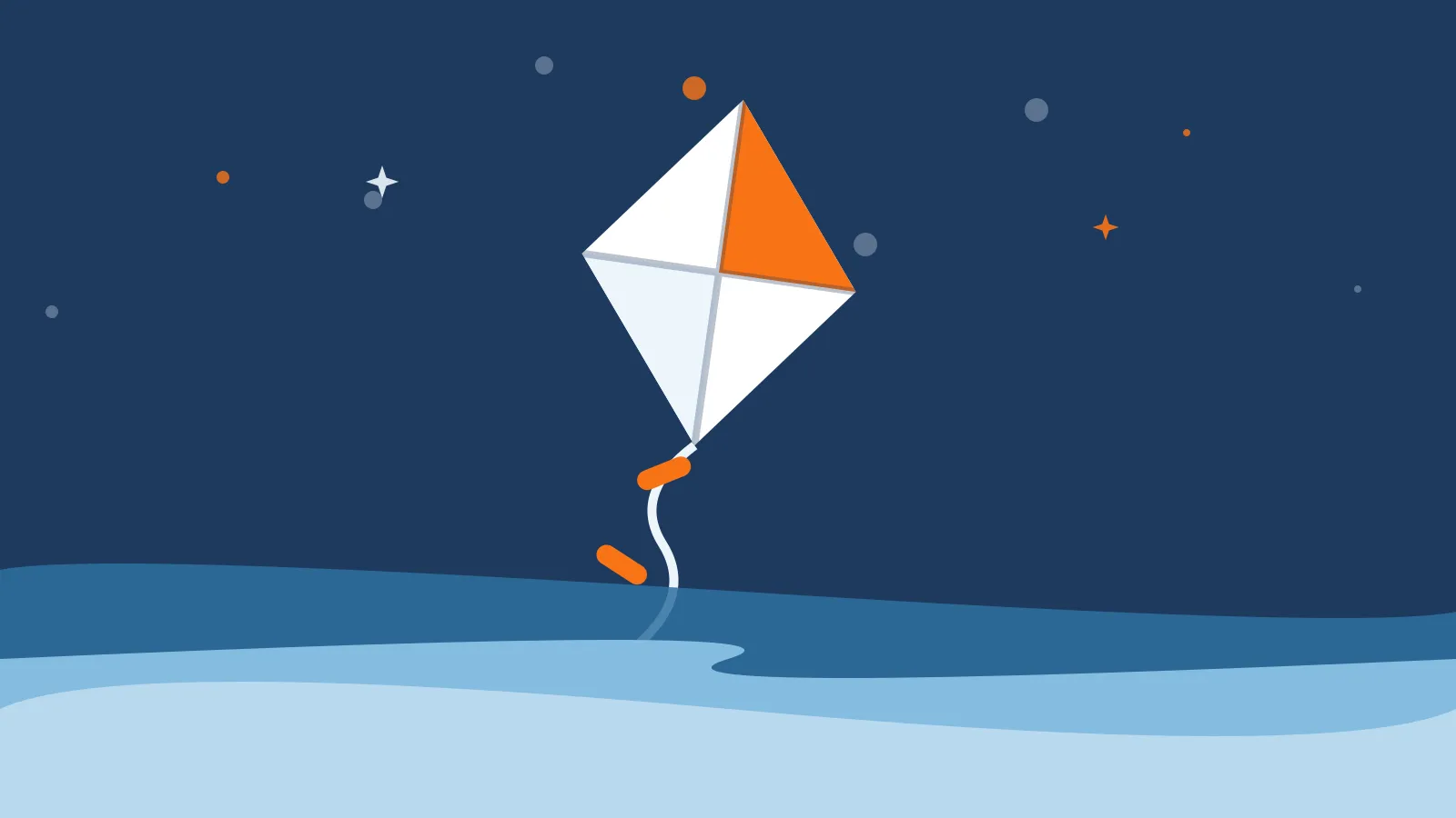 Illustration of a white and orange diamond kite on a curling tail, above deep blue ocean waves