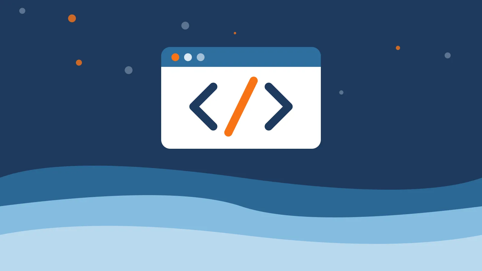 Illustration of a white code window showing angle brackets and an orange slash, above deep blue ocean waves