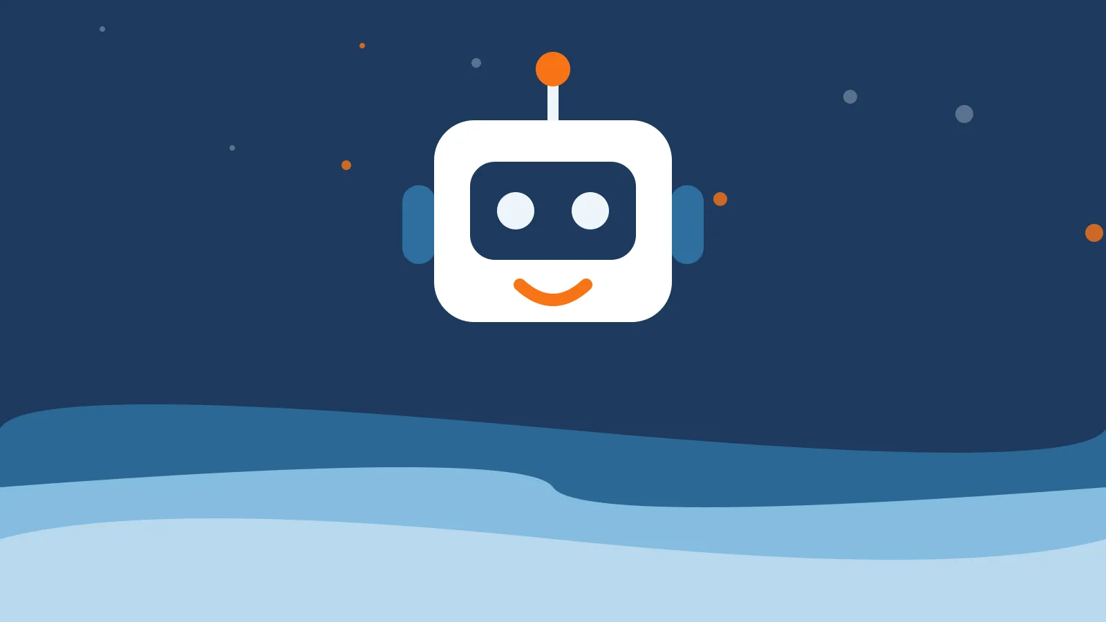 Illustration of a friendly white robot head with glowing blue eyes and an orange smile above deep blue ocean waves