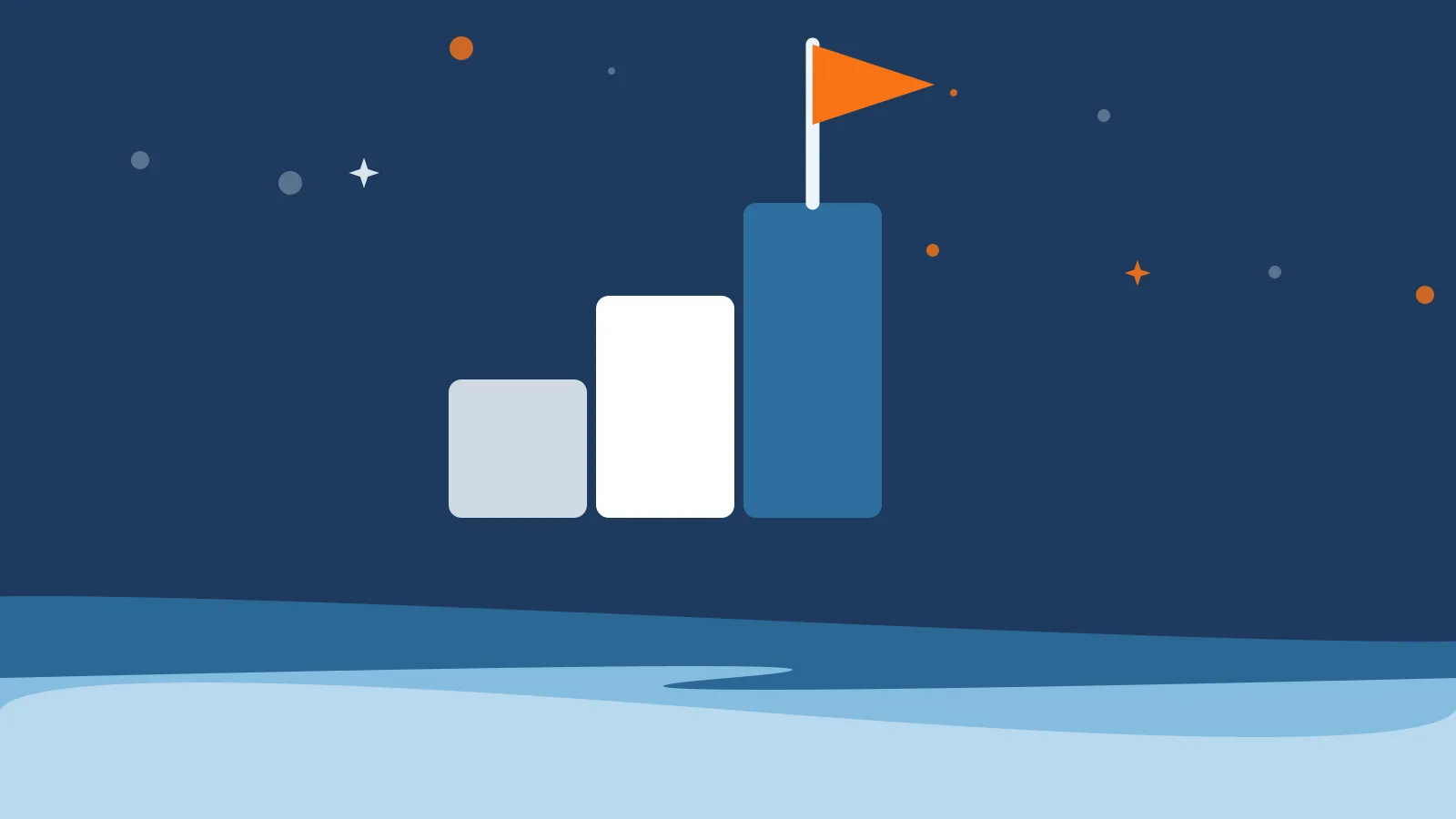 Illustration of three rising blocks with an orange flag planted on the tallest, above deep blue ocean waves