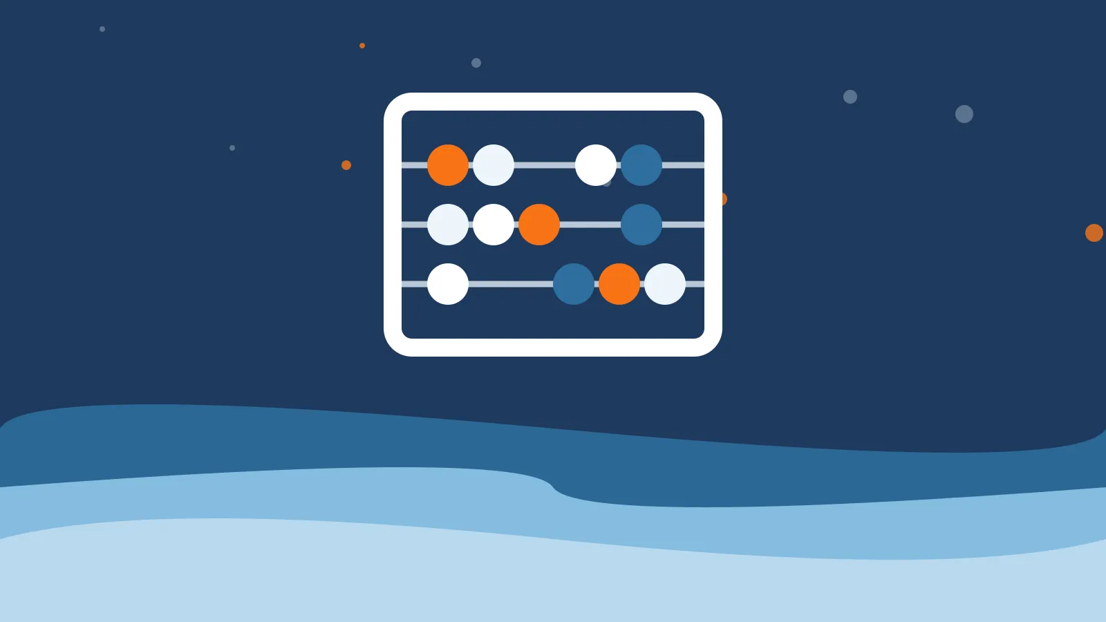 Illustration of a white abacus frame with orange and blue beads on three rows, above deep blue ocean waves