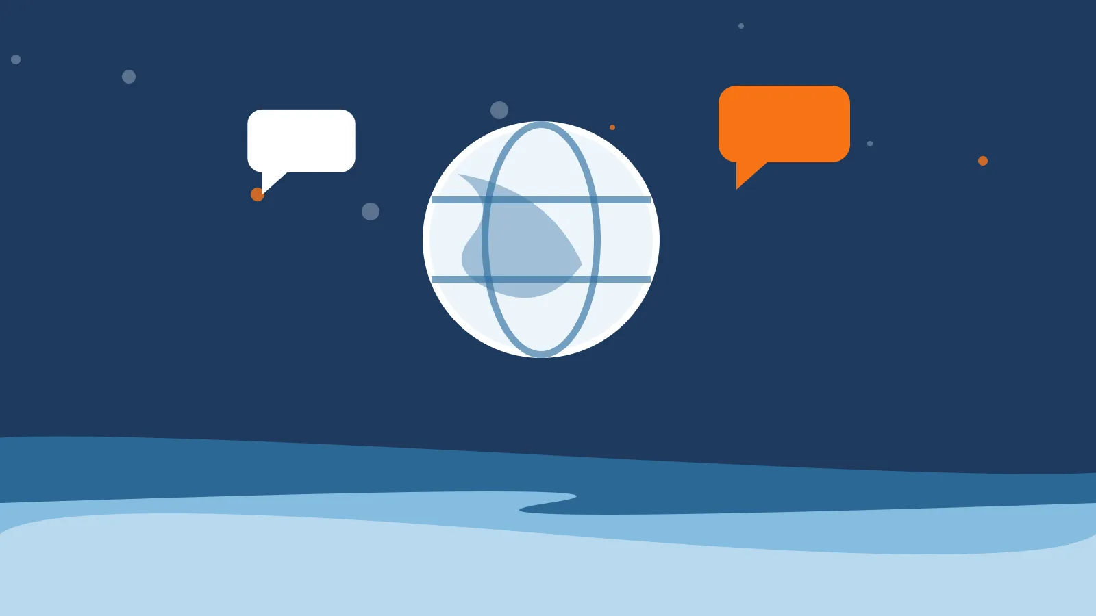 Illustration of a pale blue globe flanked by an orange and a white speech bubble above deep blue ocean waves