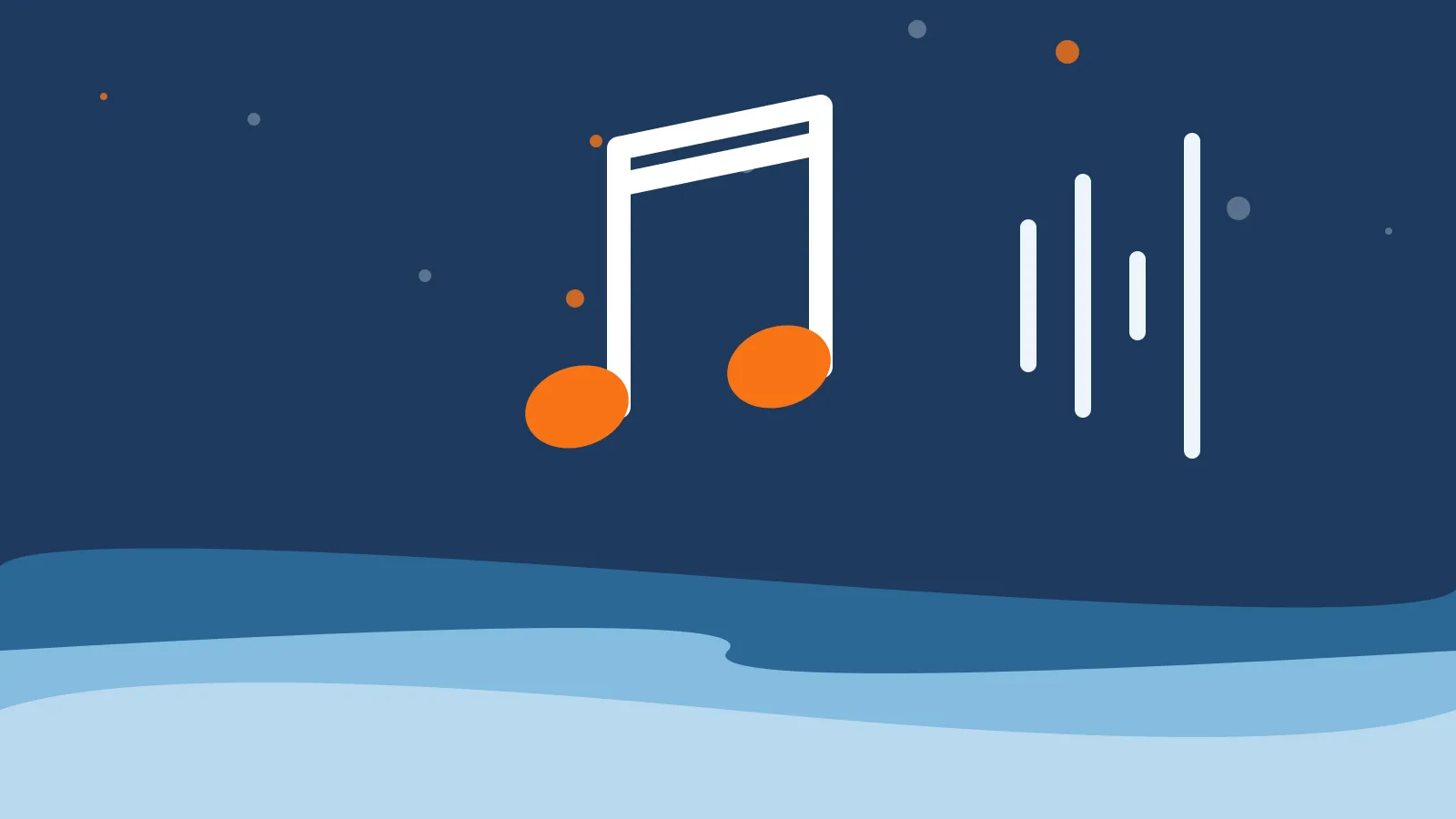 Illustration of an orange and white musical note beside a pale blue sound level meter, above deep blue ocean waves