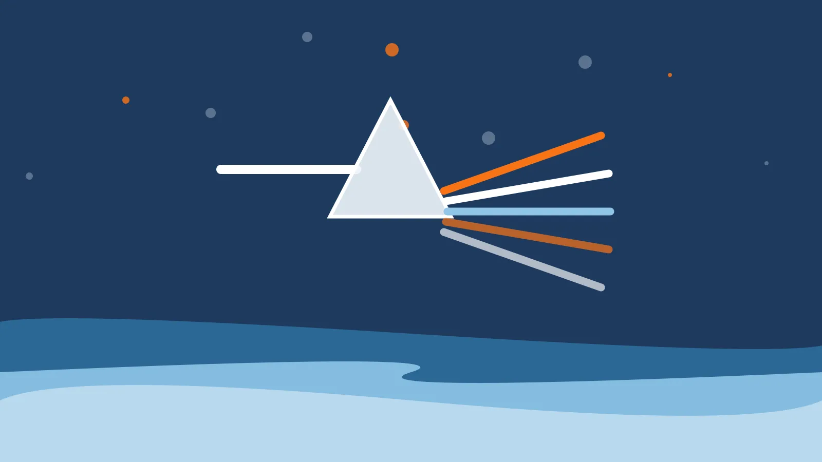 Illustration of a white light beam entering a prism and splitting into five colored beams above deep blue ocean waves