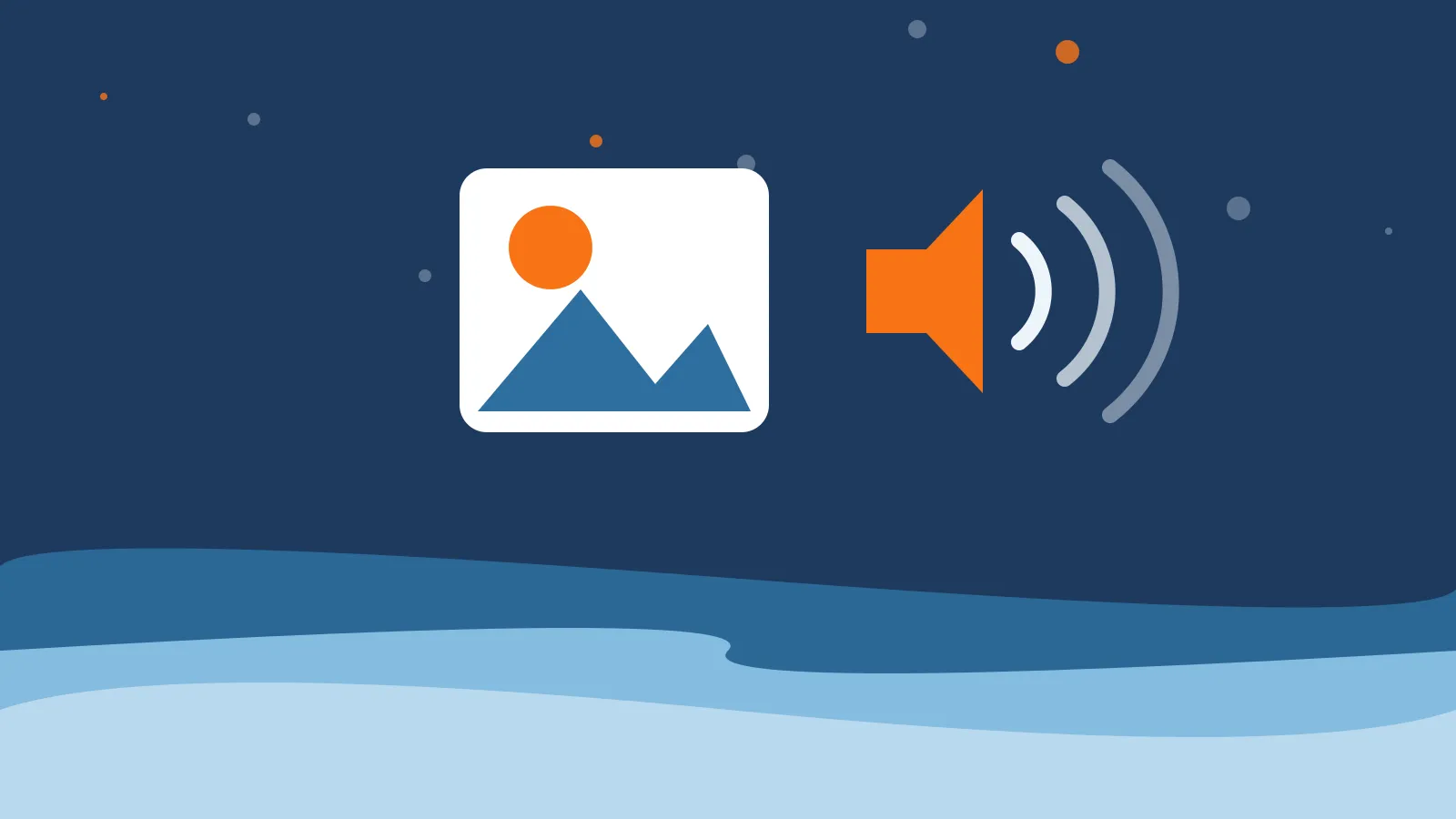 Illustration of a picture card showing a sun and mountains beside an orange speaker with sound waves, above deep blue ocean waves