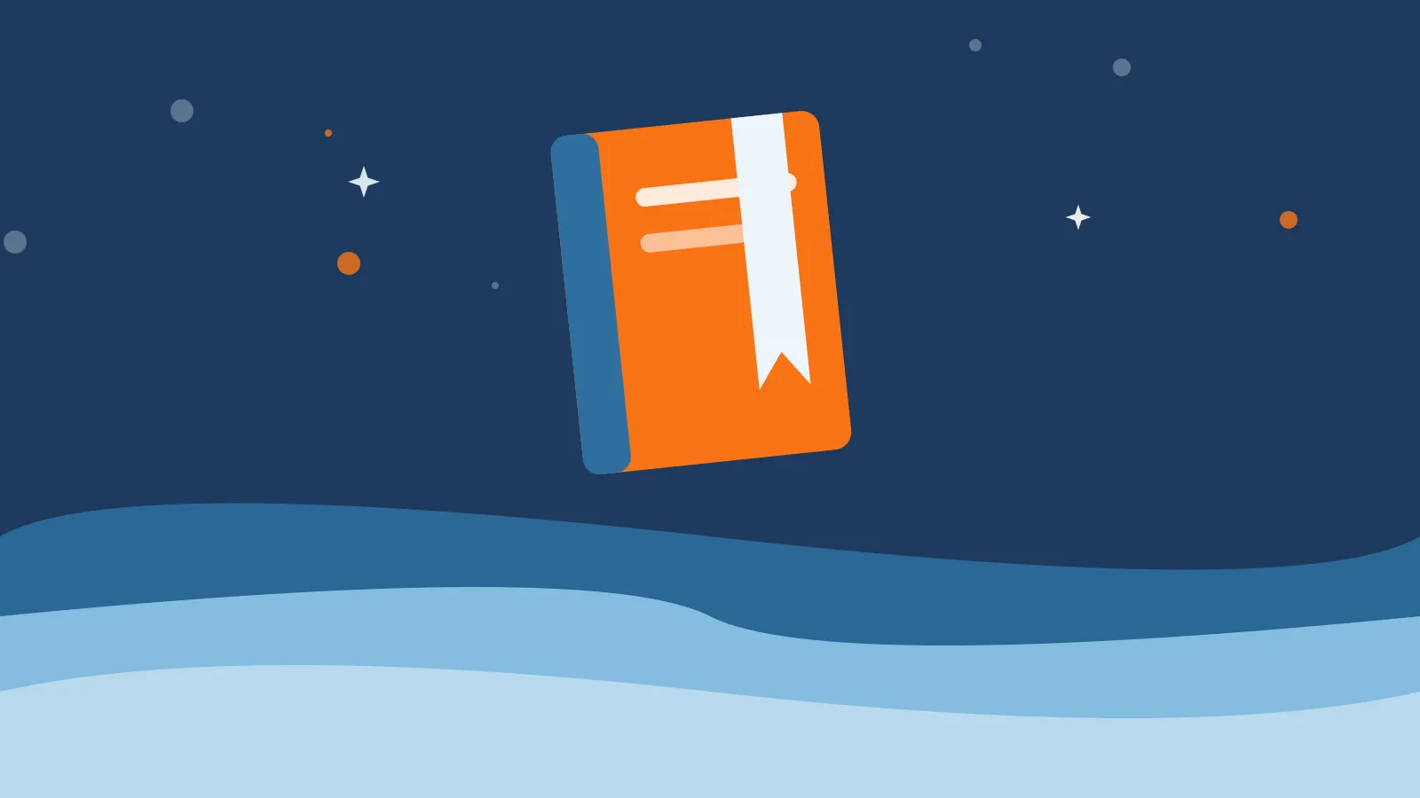 Illustration of an orange book standing upright with a white ribbon bookmark, above deep blue ocean waves