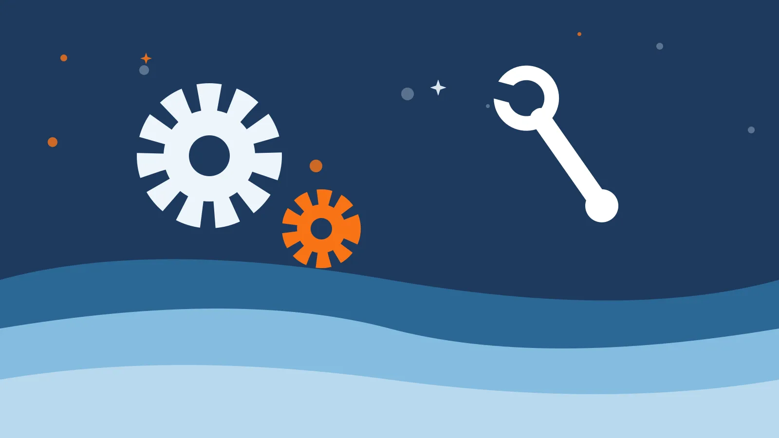 Illustration of two gears and a wrench floating above deep blue ocean waves