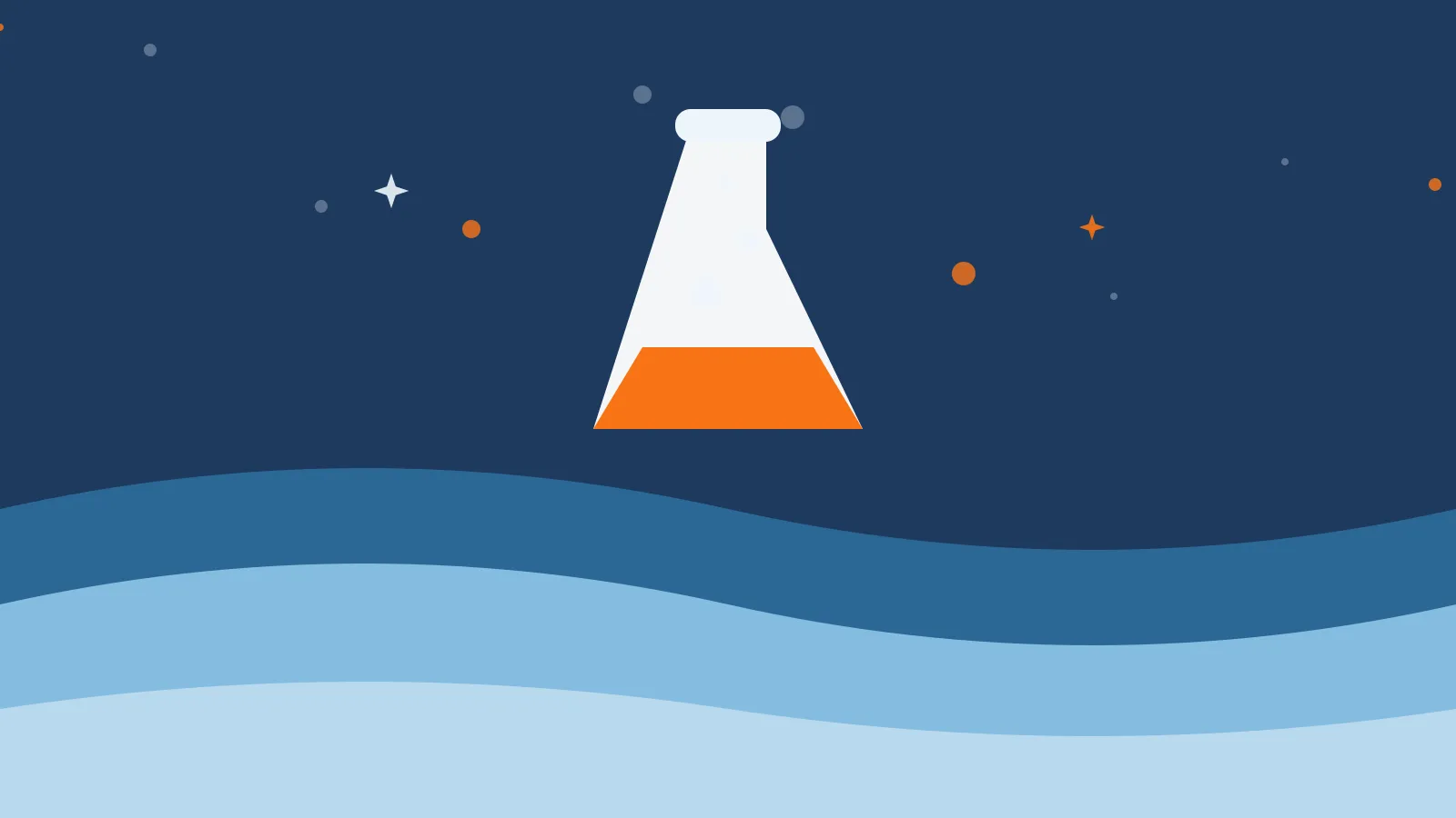 Illustration of a white conical flask holding orange liquid with bubbles rising, above deep blue ocean waves
