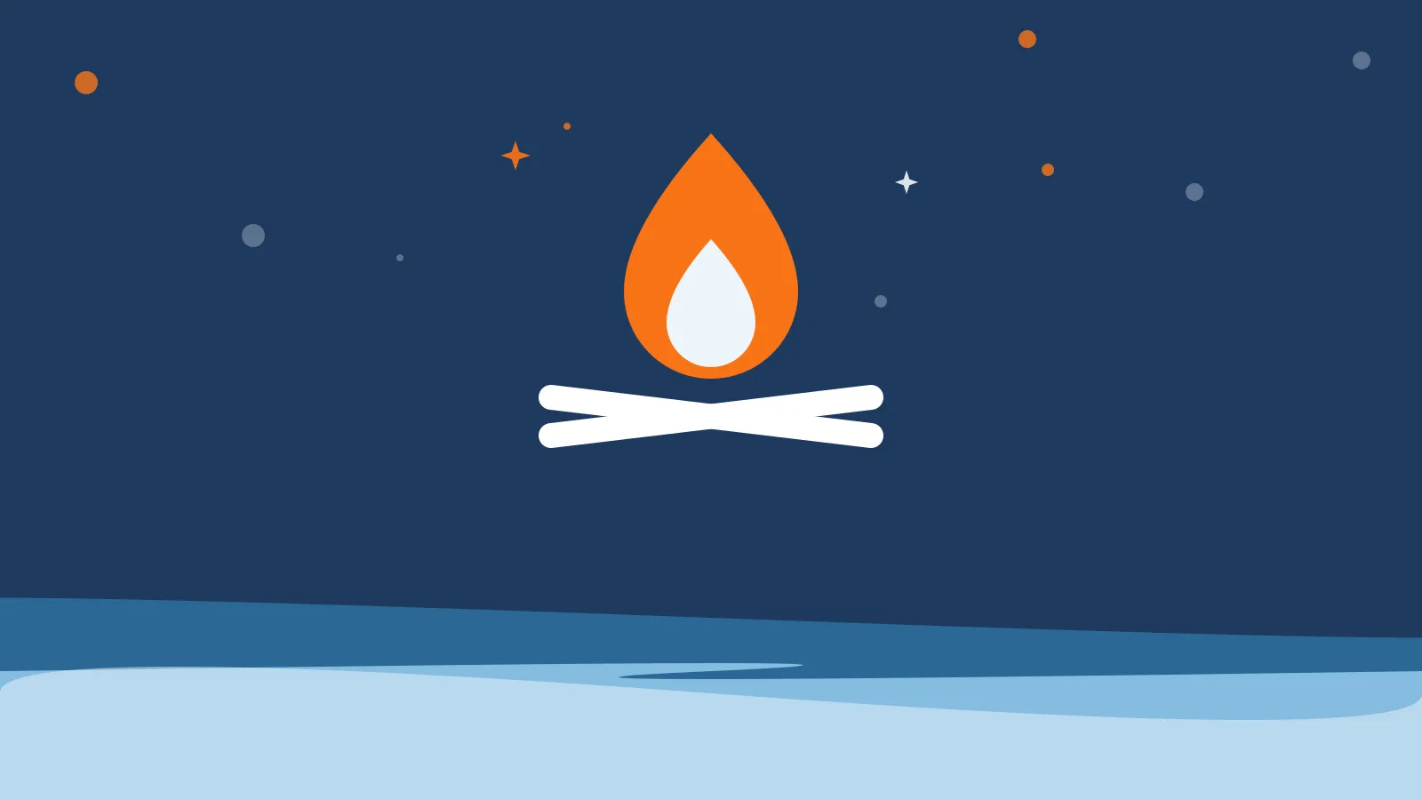 Illustration of an orange campfire flame above two crossed white logs, over deep blue ocean waves