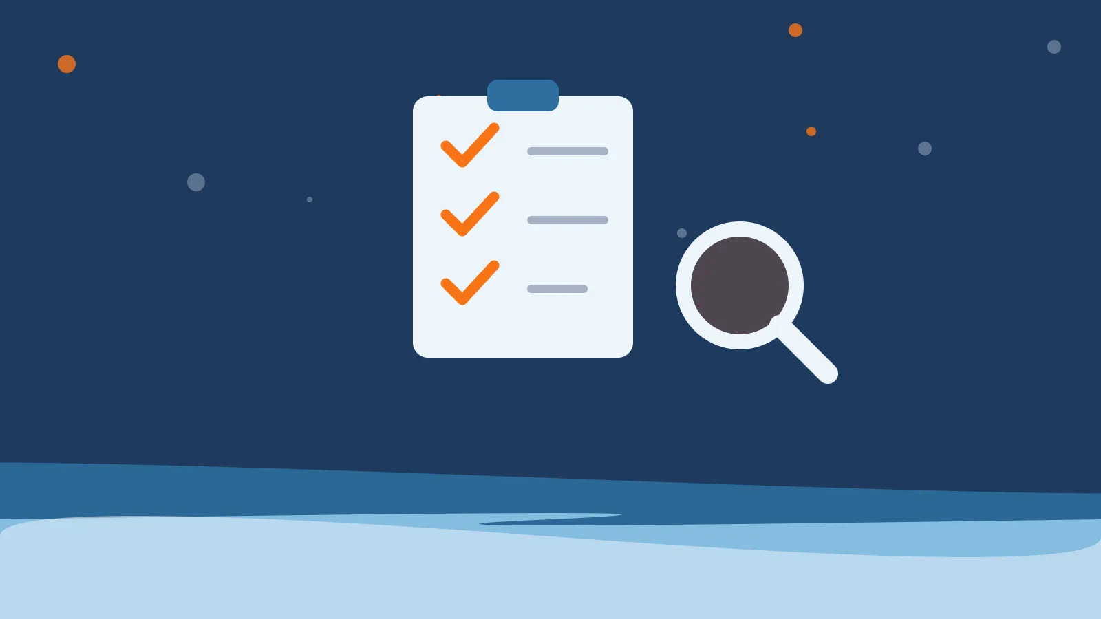 Illustration of a clipboard with three orange ticks beside a magnifying glass, above deep blue ocean waves